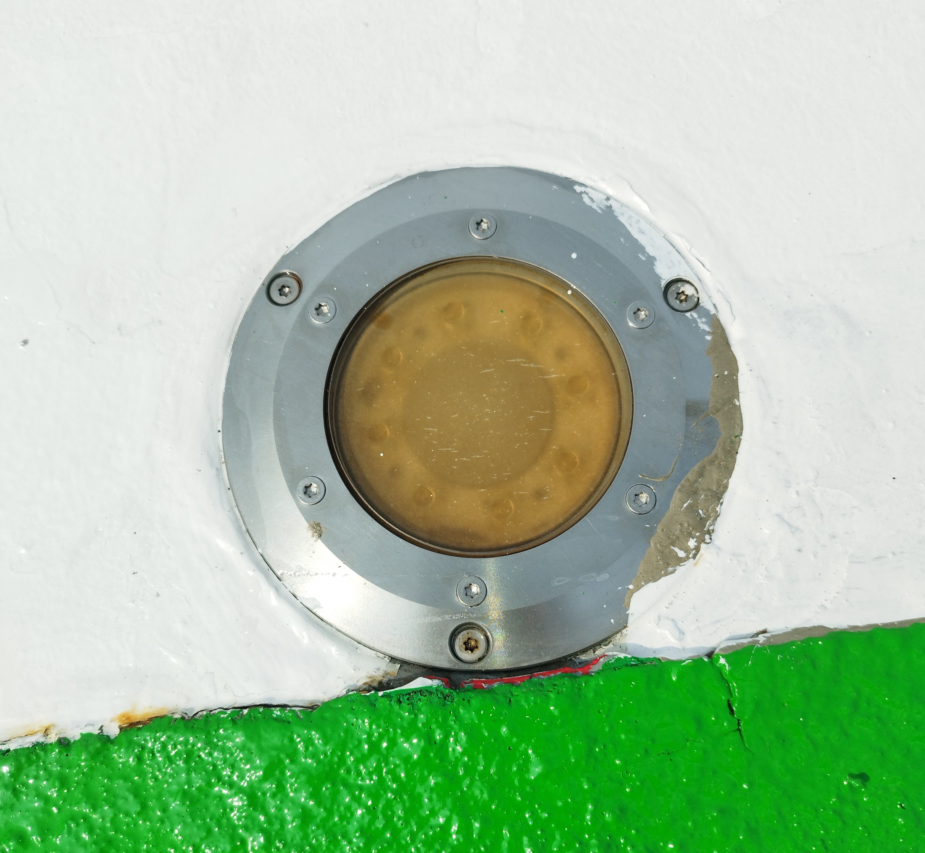Original Aqua Signal BK 18 100 LED Heli Landing Light installed on helideck — lens yellowed and degraded